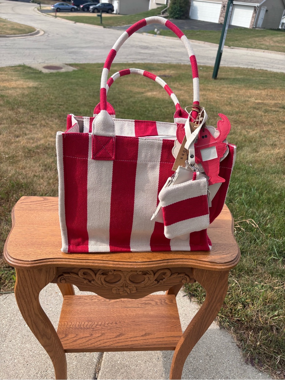 Rae Dunn Red and White Striped Canvas Tote with Pouch